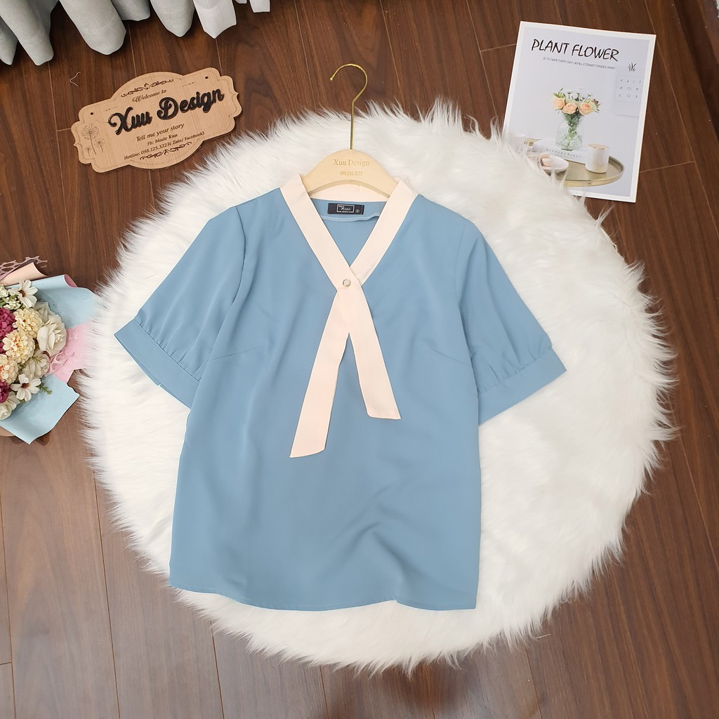 Áo sơ mi nữ công sở ngắn tay Chunxuu, thiết kế cổ V phối cúc chất lụa đẹp - SP03