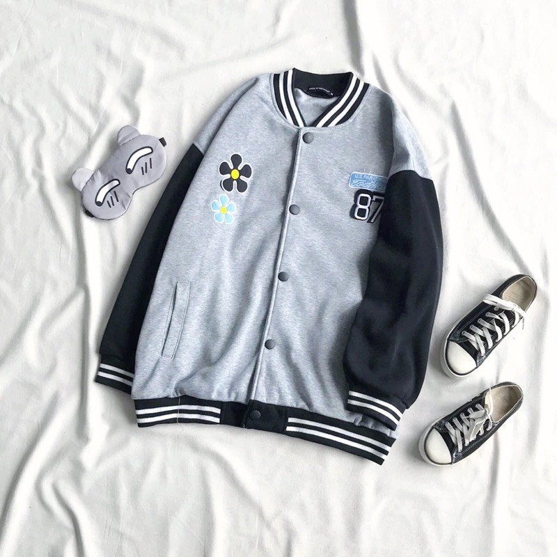 Áo Khoác Bomber Nỉ Bông Nút Bấm Hoa Cúc Ảnh Thật