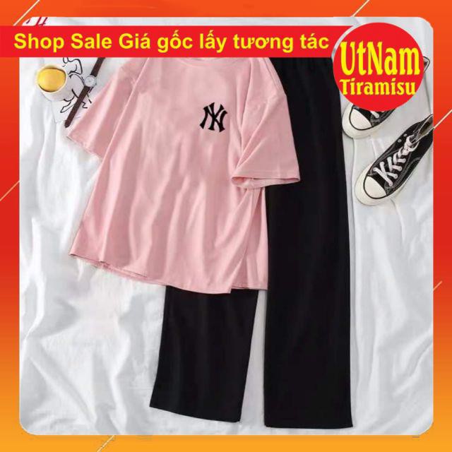 Sét áo phông N y + quần ống rộng🍀SET đồ bộ mặc nhà🌿Áo thun tay lỡ Oversize; form thụng uinsex +quần ống suông chất sạn