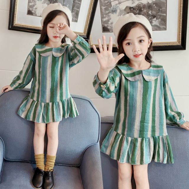 [Hàng sẵn] Váy thô kẻ xanh cho bé gái