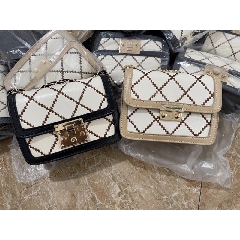 Túi Đeo Chéo Nữ, Túi Xách Da Vân Caro Khoá Bấm