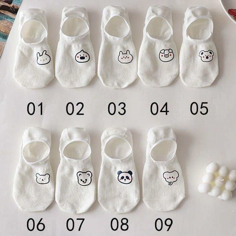 Set 5 Đôi Tất Lười Trắng Hoạ Tiết Hình Thú Dễ Thương, 5 Đôi Tất Cổ Ngắn Trơn Nhiều Màu Chất Cotton 3030