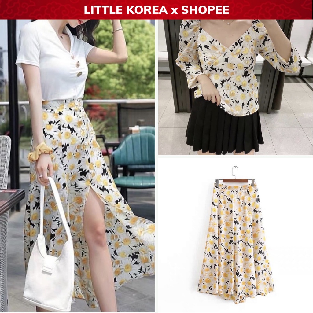 Set Bộ Váy Dáng Dài Xẻ Tà Và Áo Cổ V Tay Lửng Hoa Vàng - LITTLE KOREA
