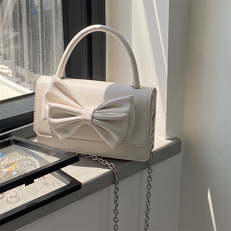 Túi Đeo Chéo Hình Vuông Nhỏ Đính Nơ Phối Dây Đeo Sợi Xích Thời Trang Cho Nữ