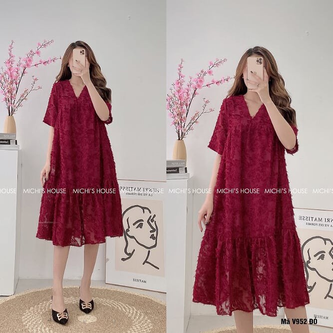 Đầm Suông Dài Rộng MICHI House Váy Xuông Thiết Kế Cổ Tim Ngắn Tay Freesize Thoải Mái, Bầu Mặc Cũng Xinh V952