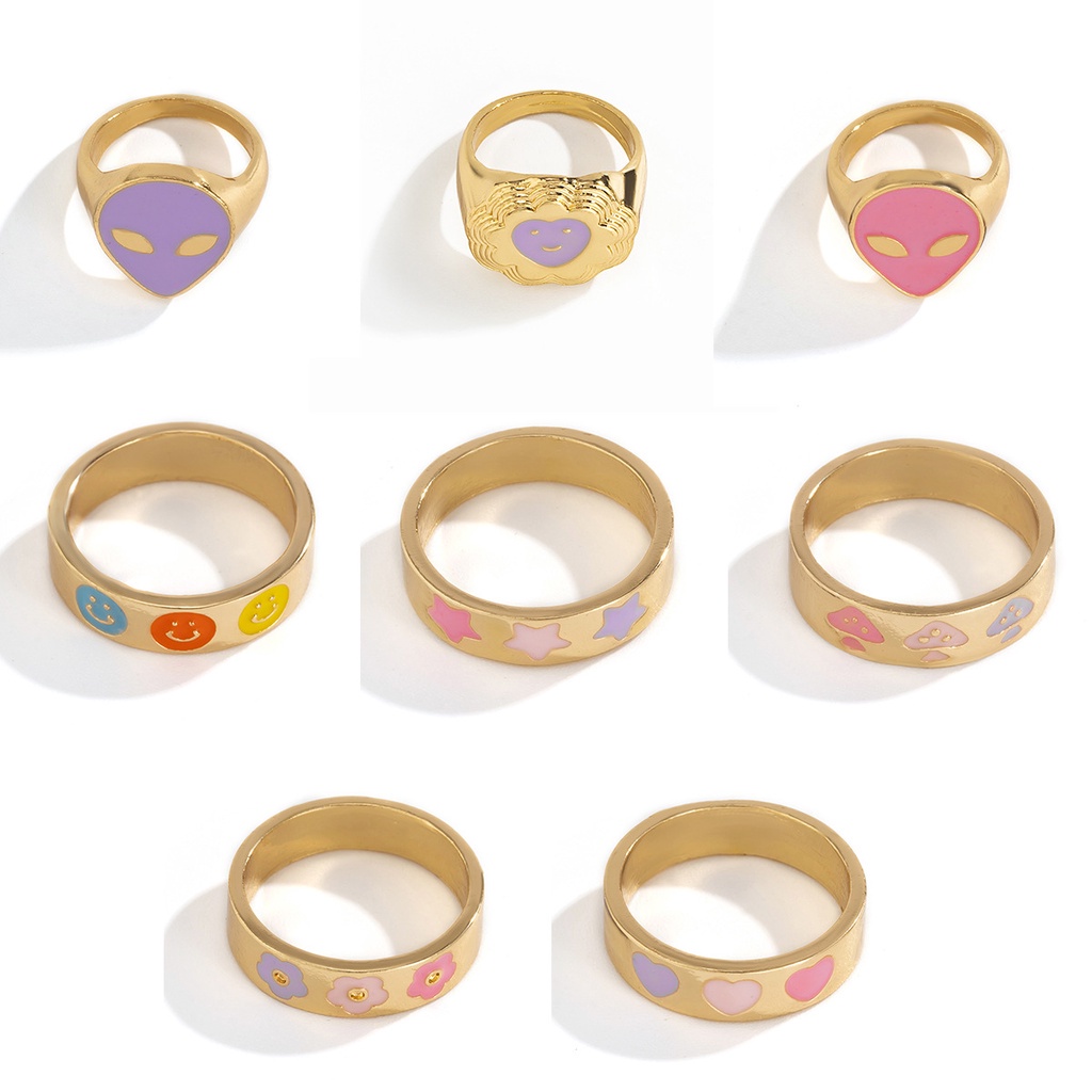 [Woman Fancy Nhẫn Dày Dặn Tráng Men Hình Trái Tim Mặt Cười Trái Tim Sành Điệu Nhiều Màu Sắc Cho Nữ
