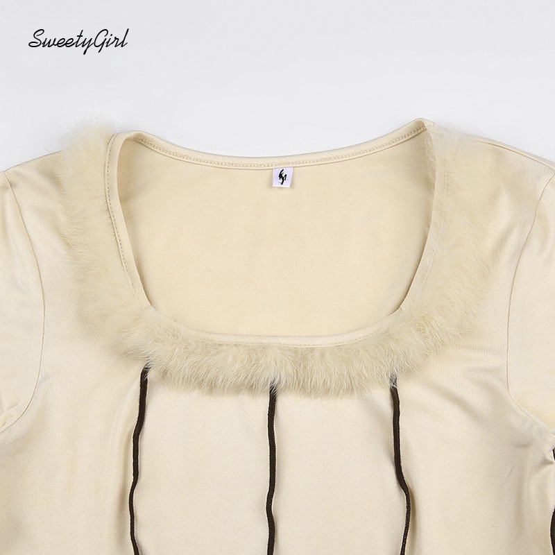 Áo Thun Tay Dài Cổ Tròn Phối Vải Lông Màu Trắng Tương Phản Thời Trang 2022 Cho Nữ