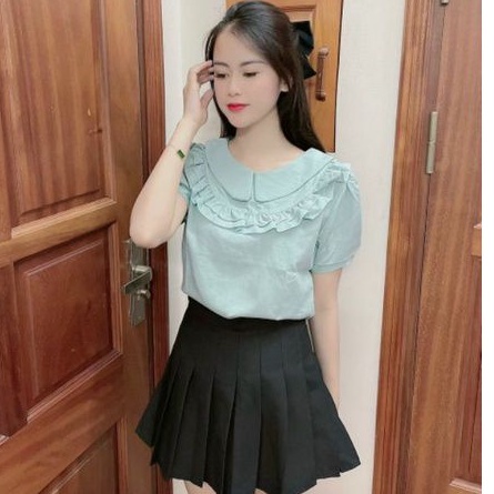 Áo Sơ Mi Ngắn Tay Chất Đũi Cổ Bẻ Phối Bèo Xinh Xắn V302