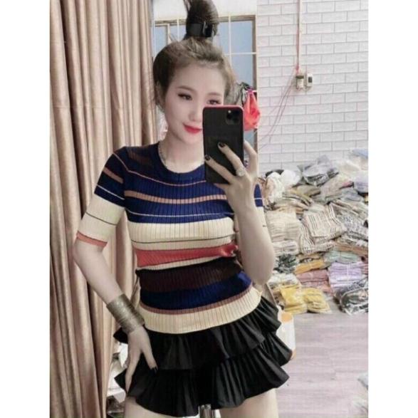 Áo len kẻ phối màu dáng ôm cổ tròn, Áo kiểu ngắn tay co giãn MH1283 - THaoVan Shop