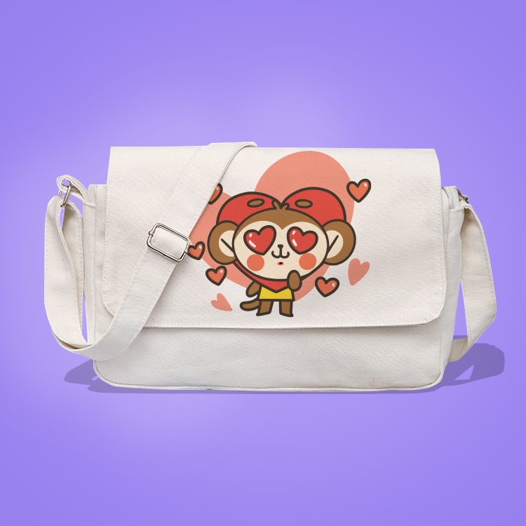 Túi vải đeo chéo màu trắng in hình Khỉ Cute