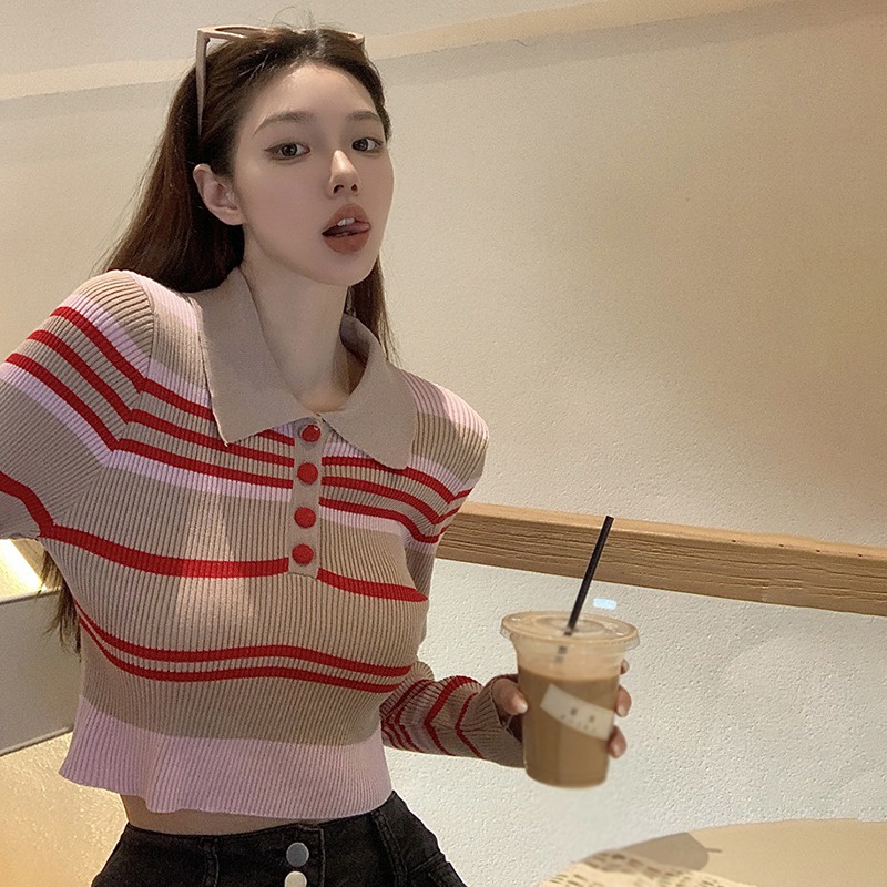 Áo Croptop Dệt Kim Tay Dài Dáng Ôm Họa Tiết Kẻ Sọc Phong Cách Hàn Quốc Thời Trang Cho Nữ