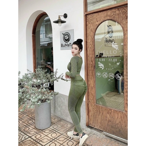 Set Đồ Tập Gym Nữ Yoga Aerobic Áo dài tay Quần Dài Legging Tôn Dáng Nâng Mông