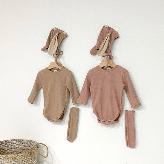Bộ Áo Liền Quần Dài Tay + Mũ Tai Thỏ Cho Các Bé Sơ Sinh