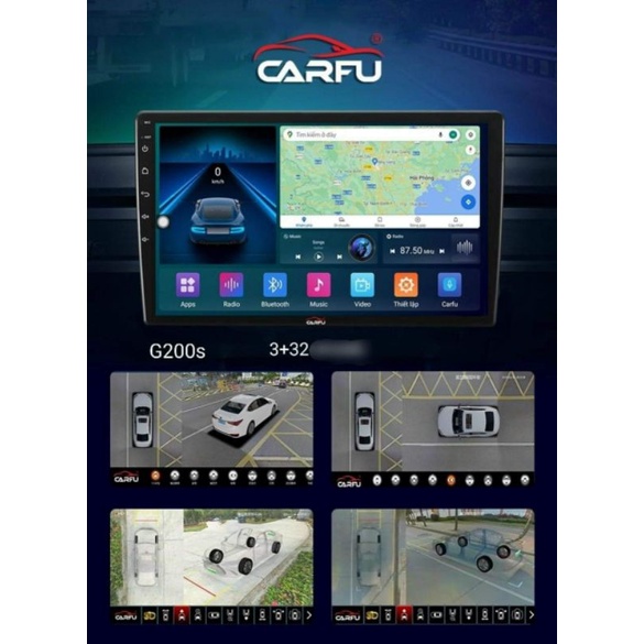 Màn hình Android Carfu G200s liền Cam 360 toàn cảnh Sony 225 full hd Ram 3gb/32gb chip 8x 7862 cắm sim 5G ver 2023
