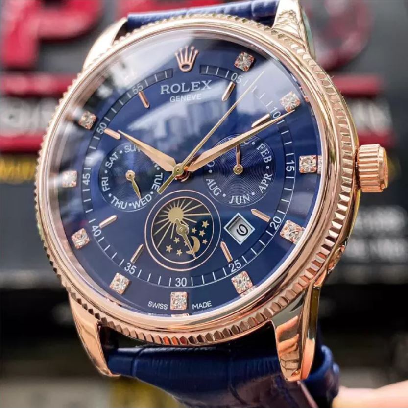 Đồng hồ Nam R0lex máy nhật, mẫu 6 kim đính đá, mặt xanh viền vàng, dây da, dòng cơ Automatic size 40mm