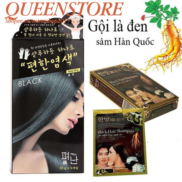 Nhuộm Phủ Tóc Bạc Thảo Dược, Gội Là Đen Nhân Sâm Hàn Quốc Black Hair Sampoo Nhanh Gọn Dễ Sử Dụng An Toàn