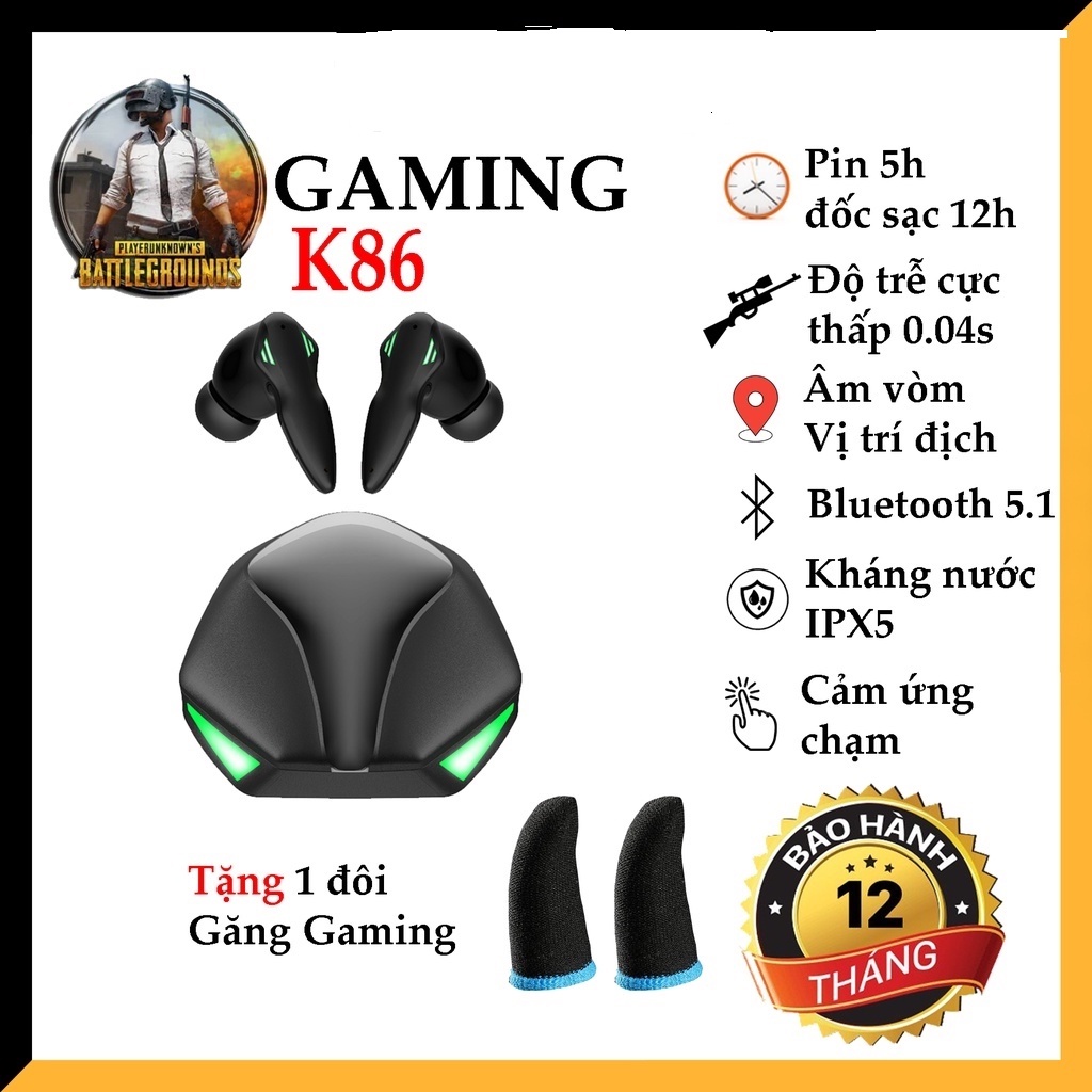 Tai nghe Bluetooth có Mic chơi game Gaming K86 - 5.1 TWS không dây độ trễ cực thấp, bas hay, Pin trâ
