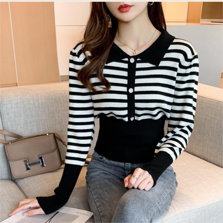 【ZHELIHANGFEI】Áo Sweater Cổ POLO Tay Dài Ôm Eo Họa Tiết Kẻ Sọc Phong Cách Sang Trọng