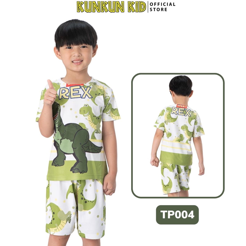 Quần áo trẻ em hình khủng long t-rex size đại từ 10-40kg Kunkun Kid TP004 - Bộ cộc tay bé trai thun lạnh thoáng mát