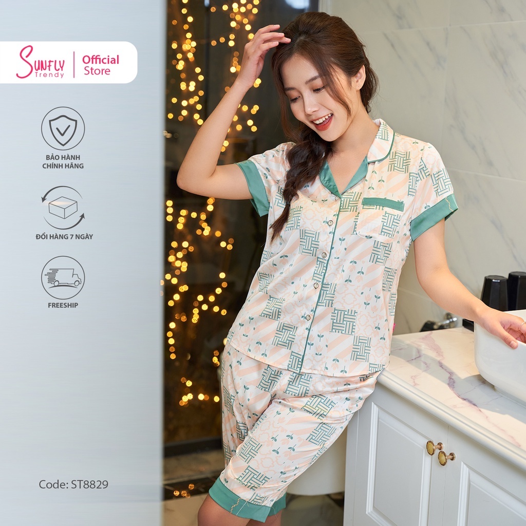 Bộ đồ mặc nhà nữ pijamas lụa SUNFLY áo cộc, quần trên gối ST8829