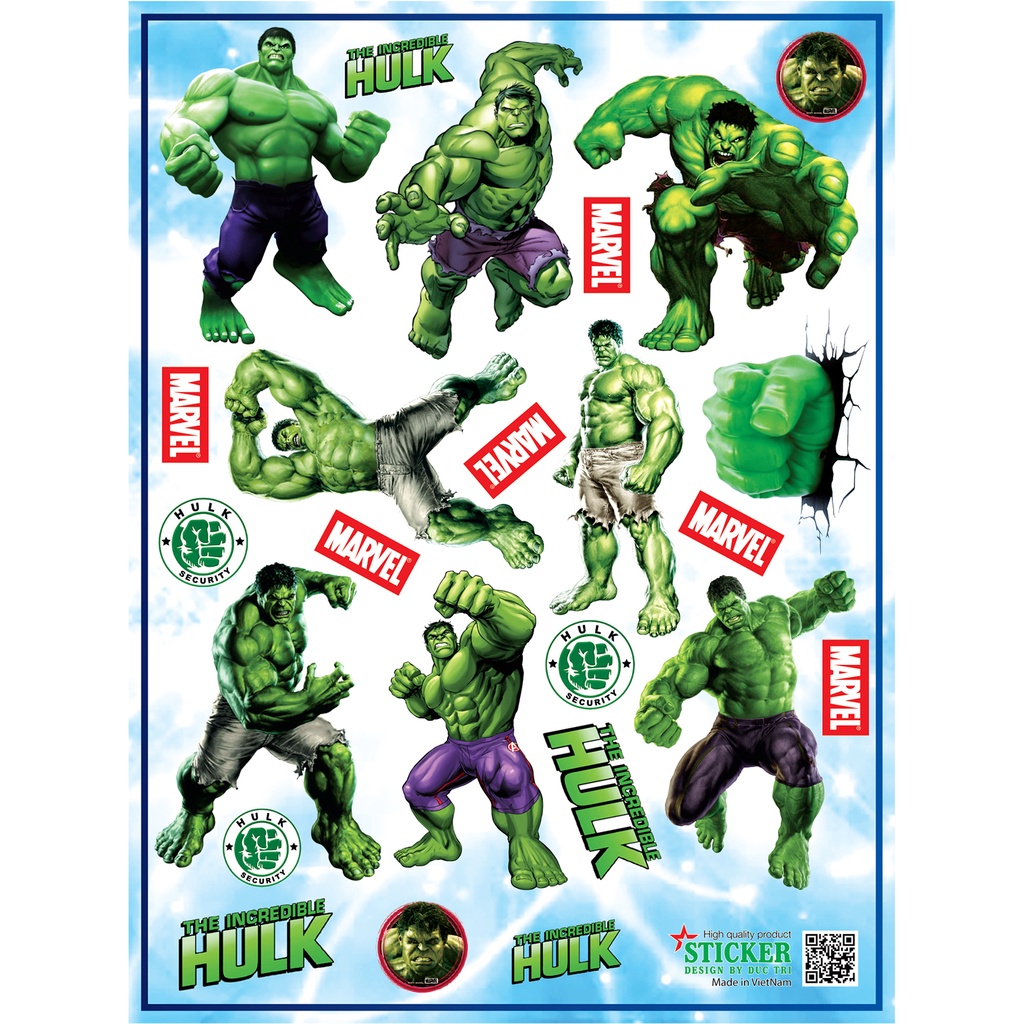 Bộ Sticker HULK, Miếng dán được cắt sẳn có màng bảo vệ chống nước chống trầy.