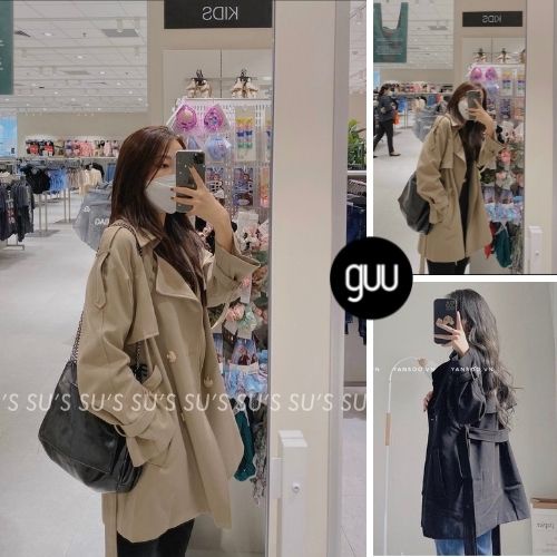 Áo khoác măng tô nữ GUU cổ bẻ dáng lửng kèm dây đai vải kaki dày mịn kiểu dáng sang trọng