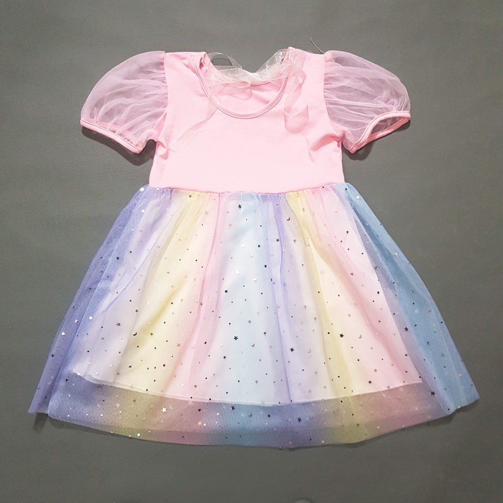 Đầm thun voan cầu vồng elsa lấp lánh cho bé gái