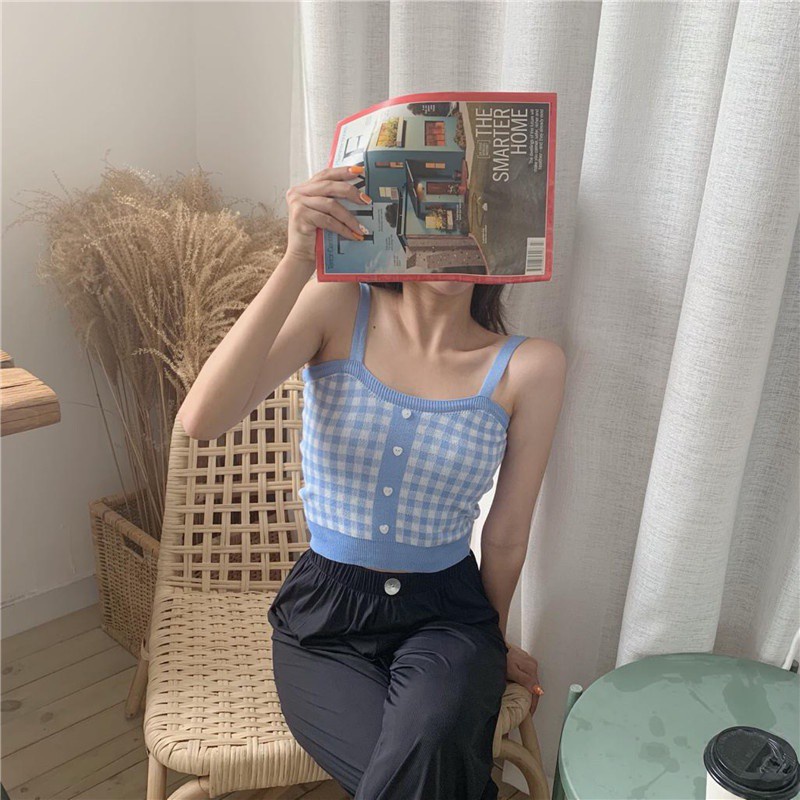 Áo hai dây cài nút thiết kế phong cách retro xinh xắn