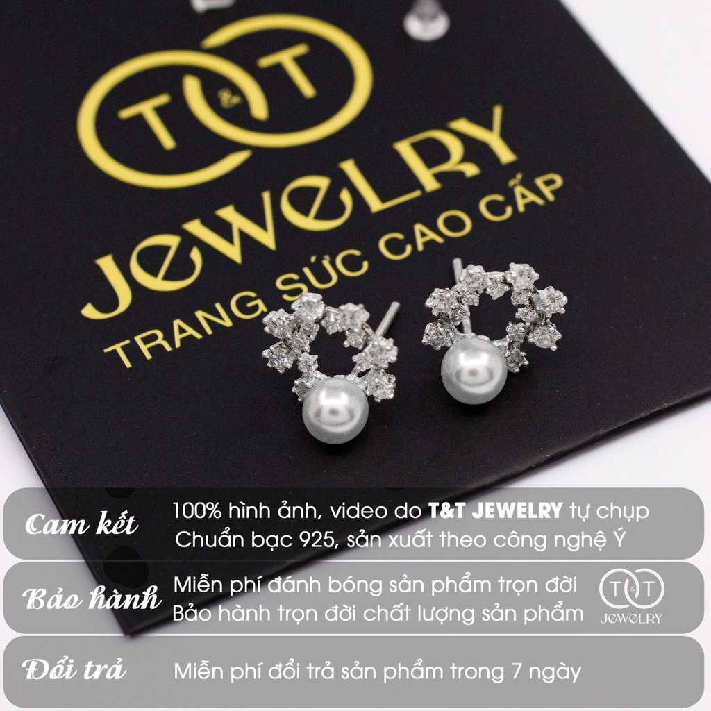 Bông Tai Bạc Ý kèm Ngọc Trai Nhân Tạo Xen Đá CZ T&amp;T Jewelry cao cấp cho nữ BT013