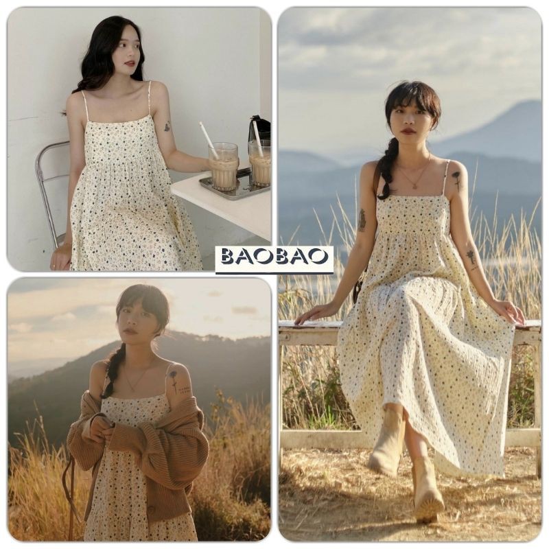 Váy Hai Dây Hoa Nhí Vàng Vintage - BaoBao.Clothing [FREESHIP] - Đầm 2 dây nữ dáng suông vải thô thoáng mát