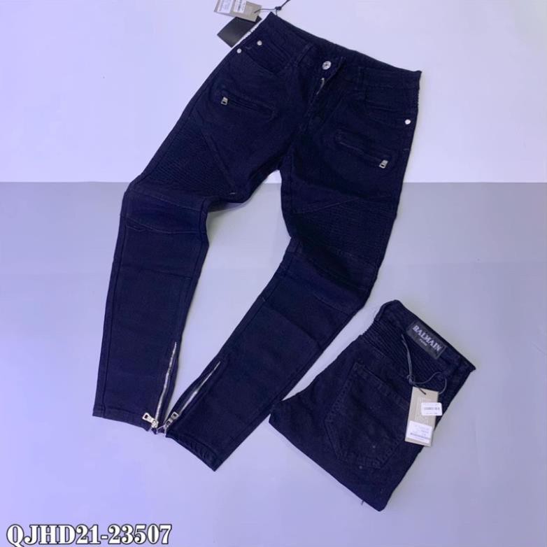 Quần bò nam ống côn phối vải nhăn mắt dơi khoá zip