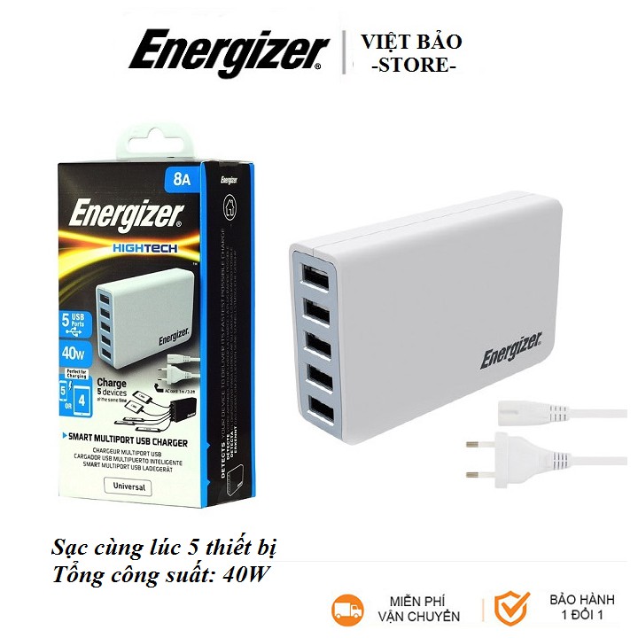 Sạc 5 Cổng Energizer 5V/8A (USA5DEUHWH5) Công Suất tổng tối đa 40W