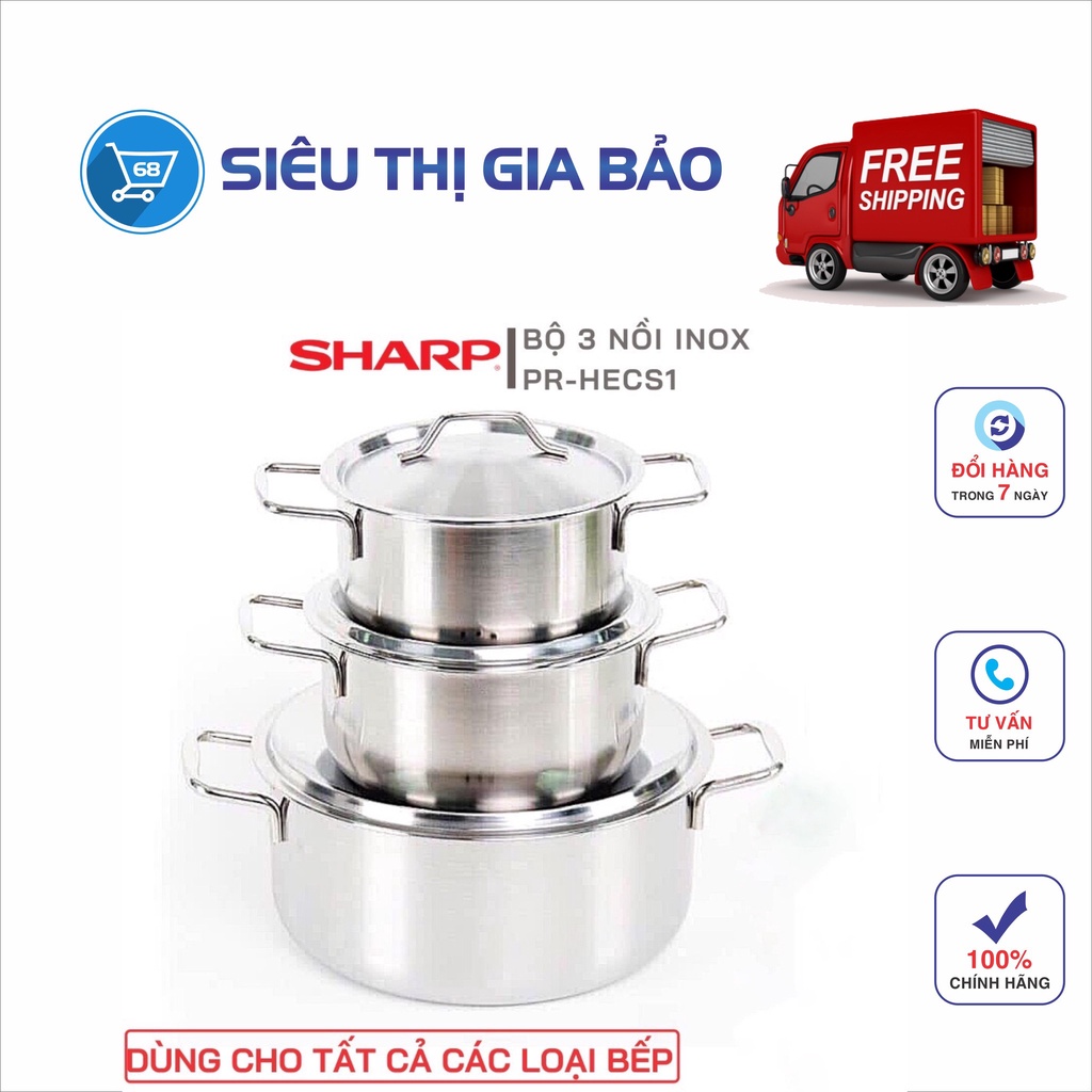 Bộ 3 nồi inox SHARP 16cm- 20cm- 24cm hàng đẹp- dùng cho mọi loại bếp