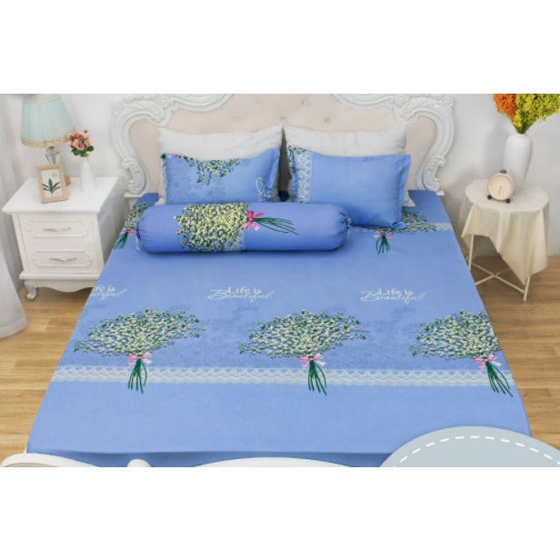 Bộ ga gối gồm 1 ga chun 2 vỏ gối nằm-vải poly cotton hàng đẹp full size ga giường