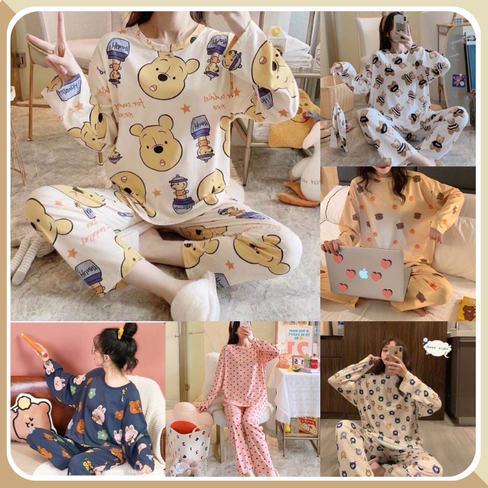 Đồ ngủ dài tay thu đông nữ pijama cute có bigsize, đồ bộ pijama sau sinh