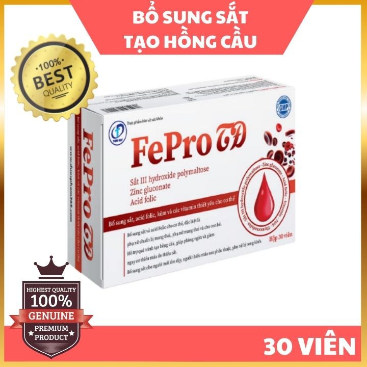 Fepro - Bổ sung sắt, Hỗ trợ quá trình tạo hồng cầu, Giúp phòng ngừa và giảm nguy cơ thiếu máu do thiếu sắt (Hộp 30 viên)