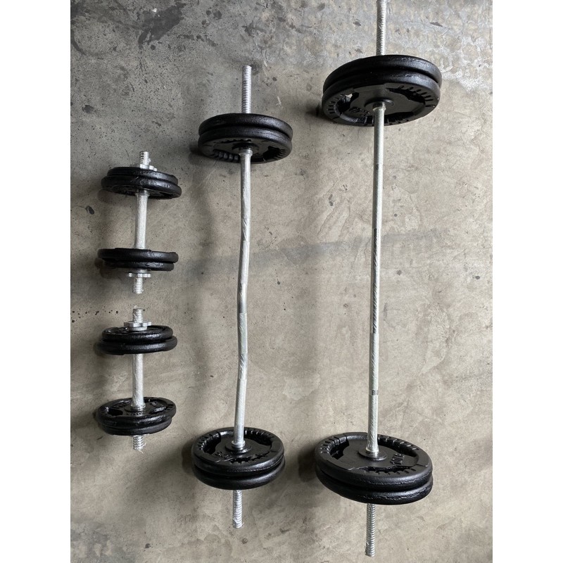 Combo đòn tạ+tạ đơn: 1 tay 1m5 1 tay chữ Z dài 1m2 2 tay 35cm và 80kg tạ( 10kgx4, 5kgx4, 3kgx4, 2kgx4)