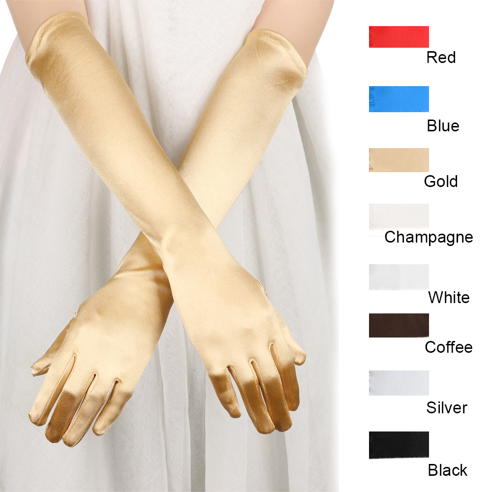 🎉Only🎉 Găng tay dài bằng vải Satin màu đỏ/cà phê/đen thời trang cho nữ
