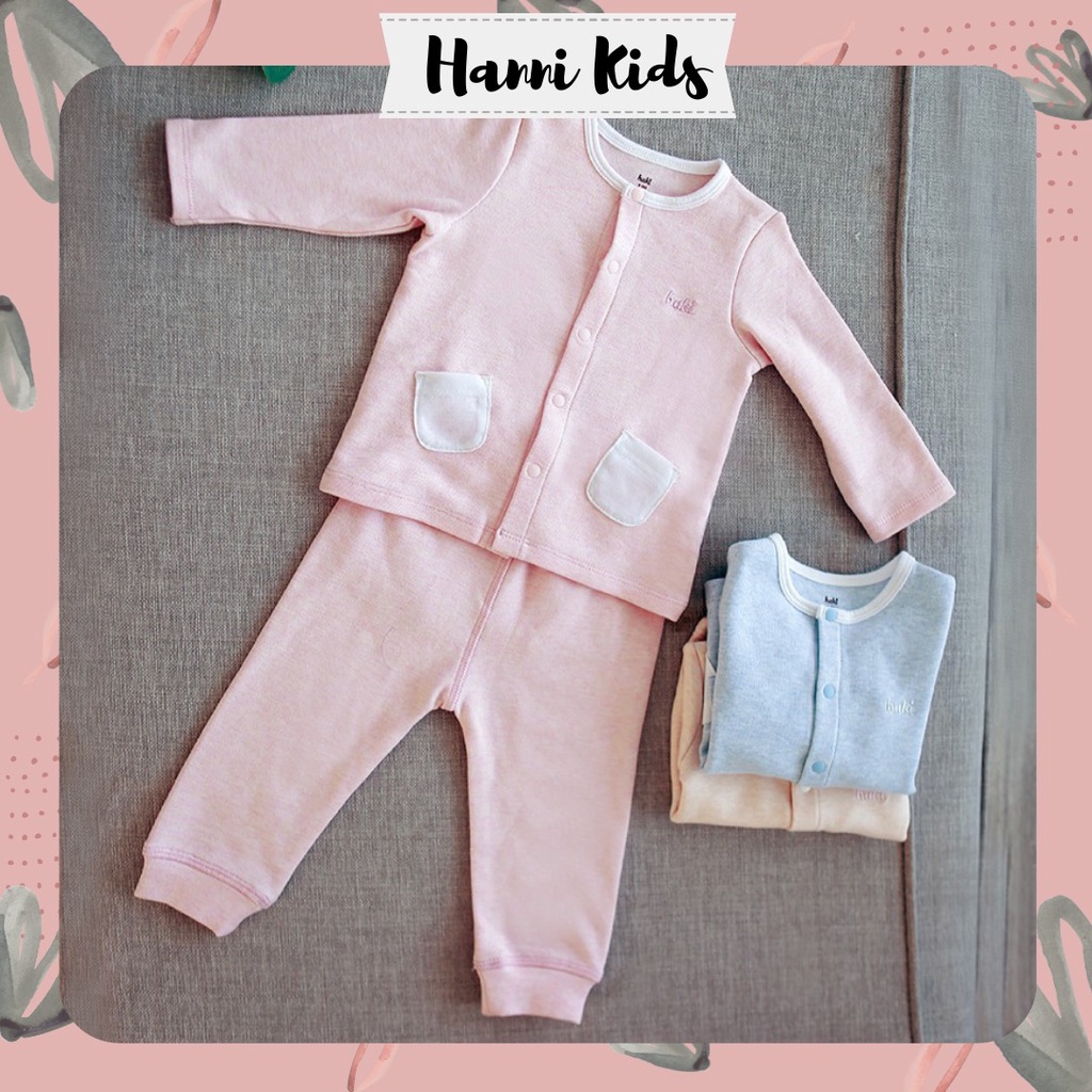 Bộ quần áo mùa đông dài tay cài cúc vải Melange Cotton cao cấp BC003, quần áo thu đông cho bé 0 - 3 tuổi Haki