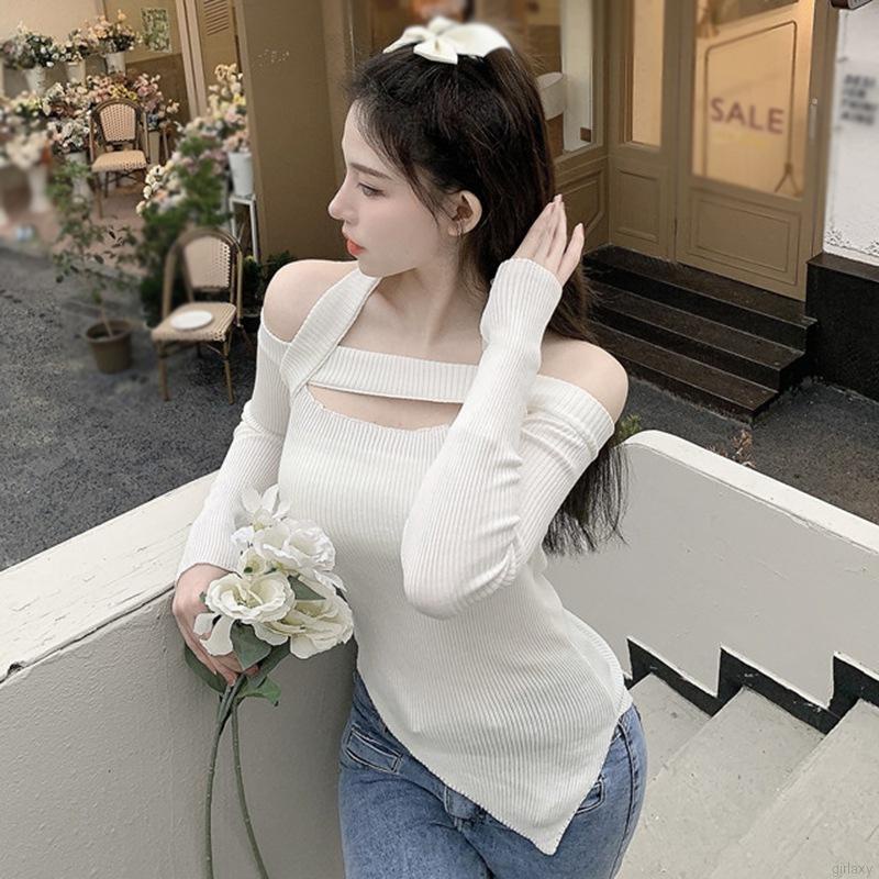 Áo dệt kim tay dài trễ vai màu sắc đơn giản phong cách Hàn Quốc cho nữ