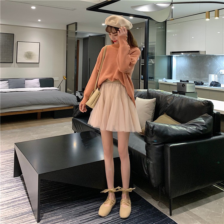 Xiaozhainv Chân Váy Chữ A Lưng Cao Màu Trơn Phối Lưới Phong Cách | BigBuy360 - bigbuy360.vn