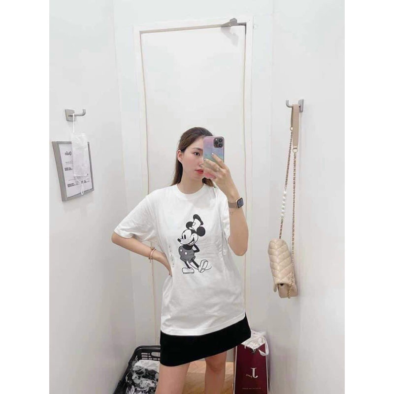 Áo phông nữ form rộng màu trắng tay lỡ hình mickey chất cotton hàng QC YUKAGO SF70