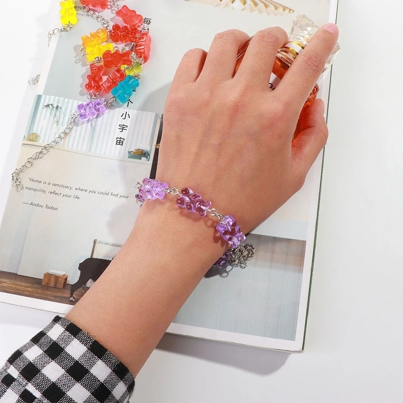 Vòng đeo tay hình gấu hoạt hình màu cầu vồng chất liệu nhựa resin thạch màu trong suốt