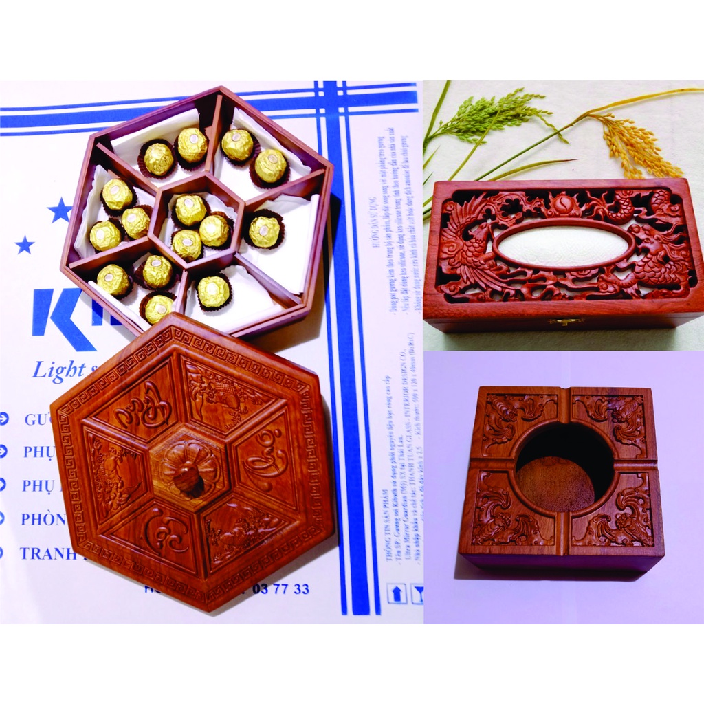 Hộp đựng bánh mức, hộp đựng giấy, tàn thuốc bằng gỗ hương