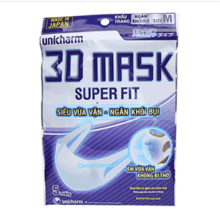 Khẩu Trang Unicharm 3D Mask Virus Block Ngăn Virut/ Ngăn Khói Bụi Gói 5 Cái