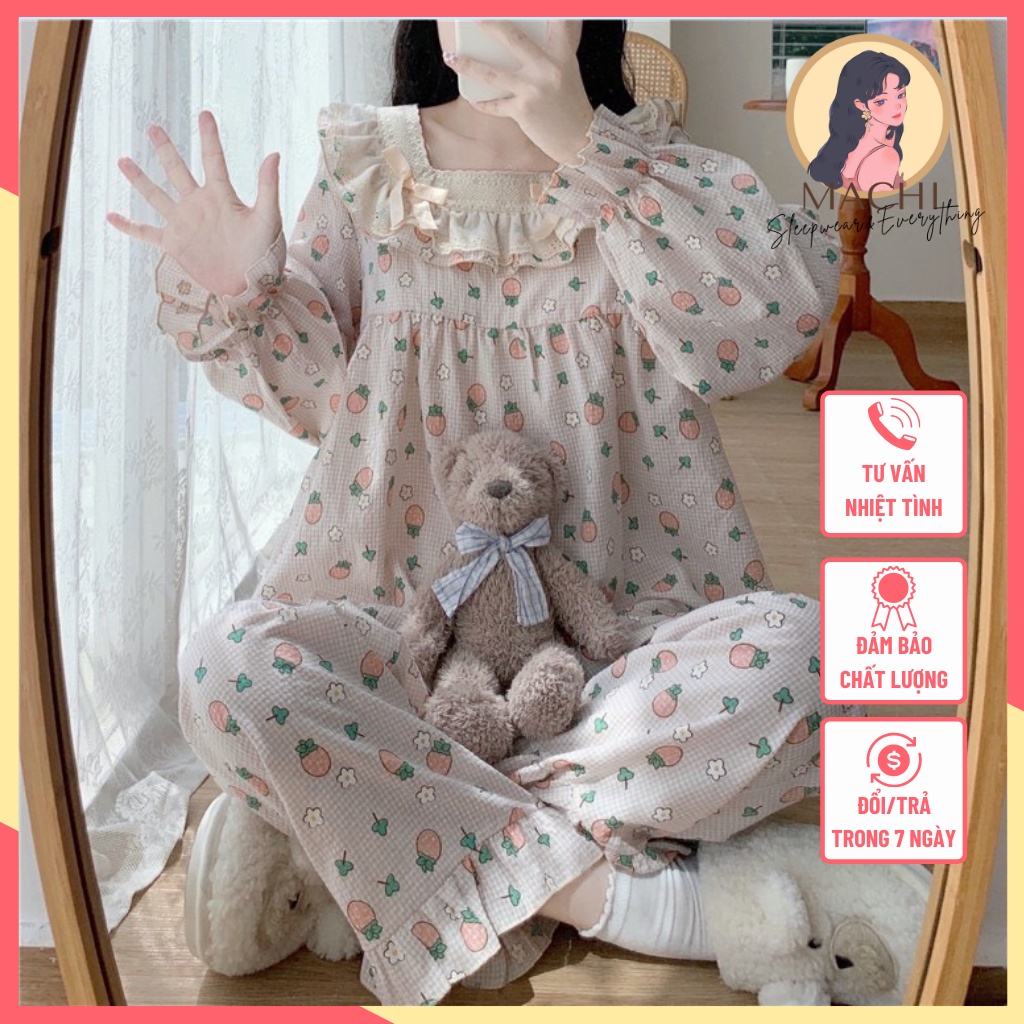Đồ bộ mặc nhà/ bộ ngủ nơ bèo dài tay họa tiết trái dâu phong cách tiểu thư ngọt ngào