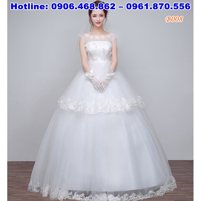 váy cưới bầu cổ tròn ren giả cúp ngực B008