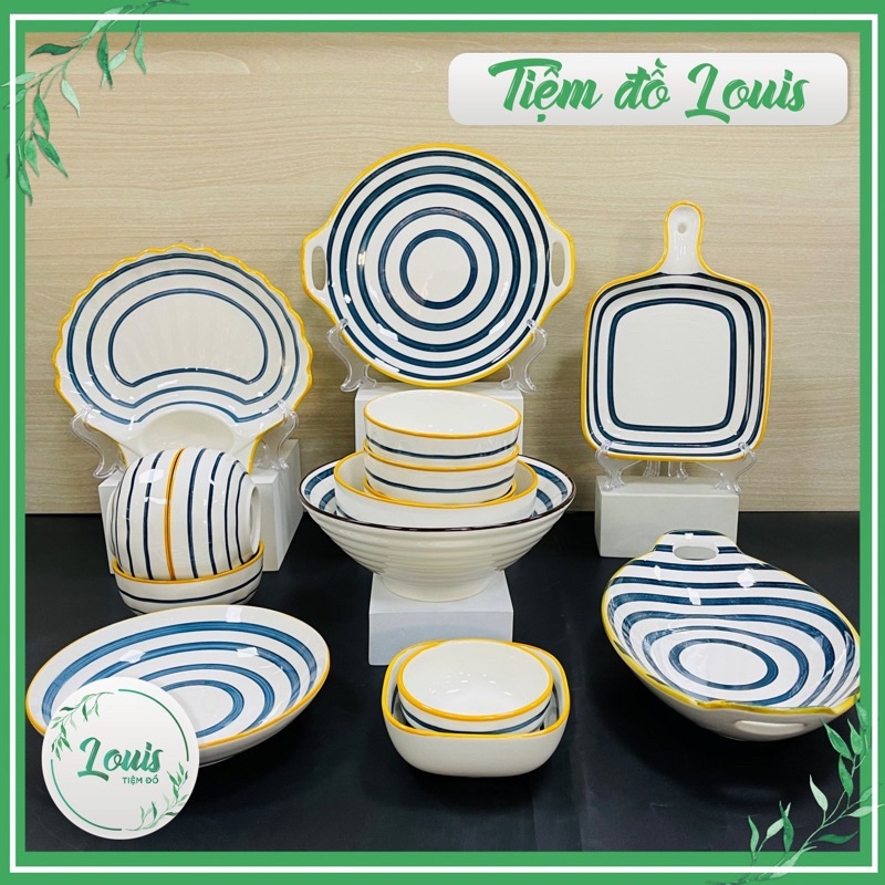 Bộ Bát Dĩa Chén Sứ ăn cơm hoạ tiết kẻ xanh vintage decor phong cách Bắc Âu