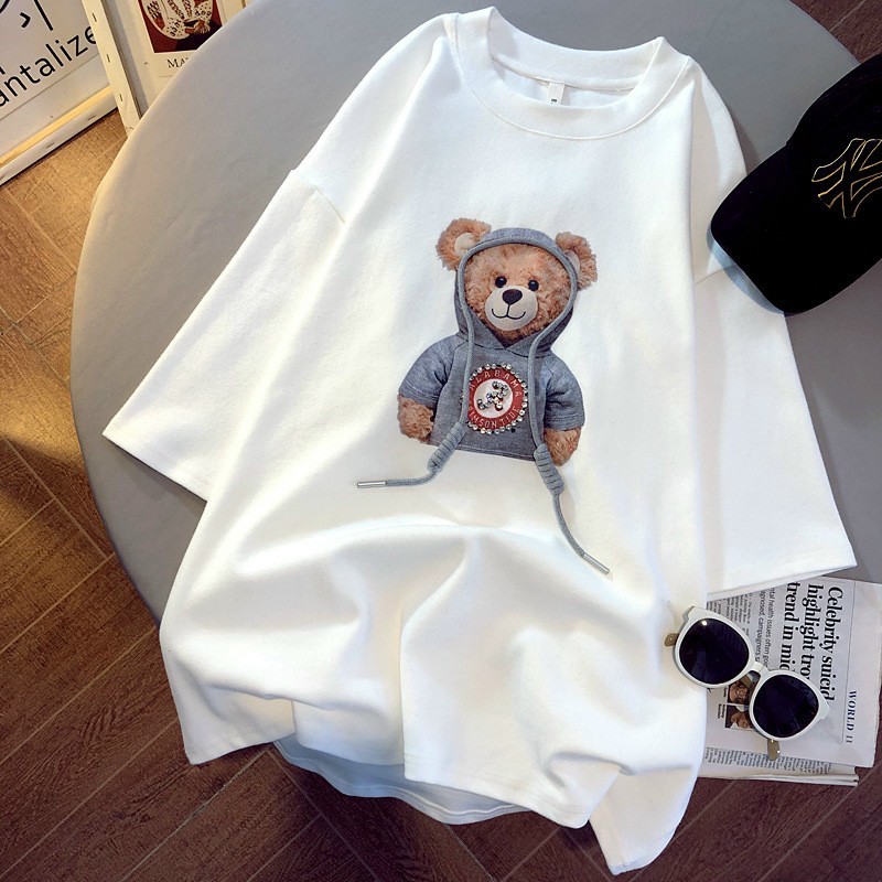 Áo Phông (QC1 - Freesize) áo phông tay lỡ gấu nổi có dây mũ 2 mầu dành cho các cô nàng cá tính