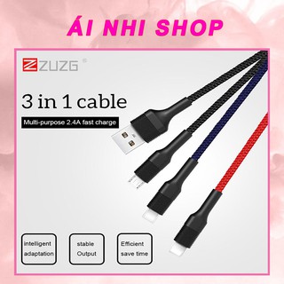 Dây sạc nhanh 2.4a 3 đầu iphone, type c, micro hiệu zuzg